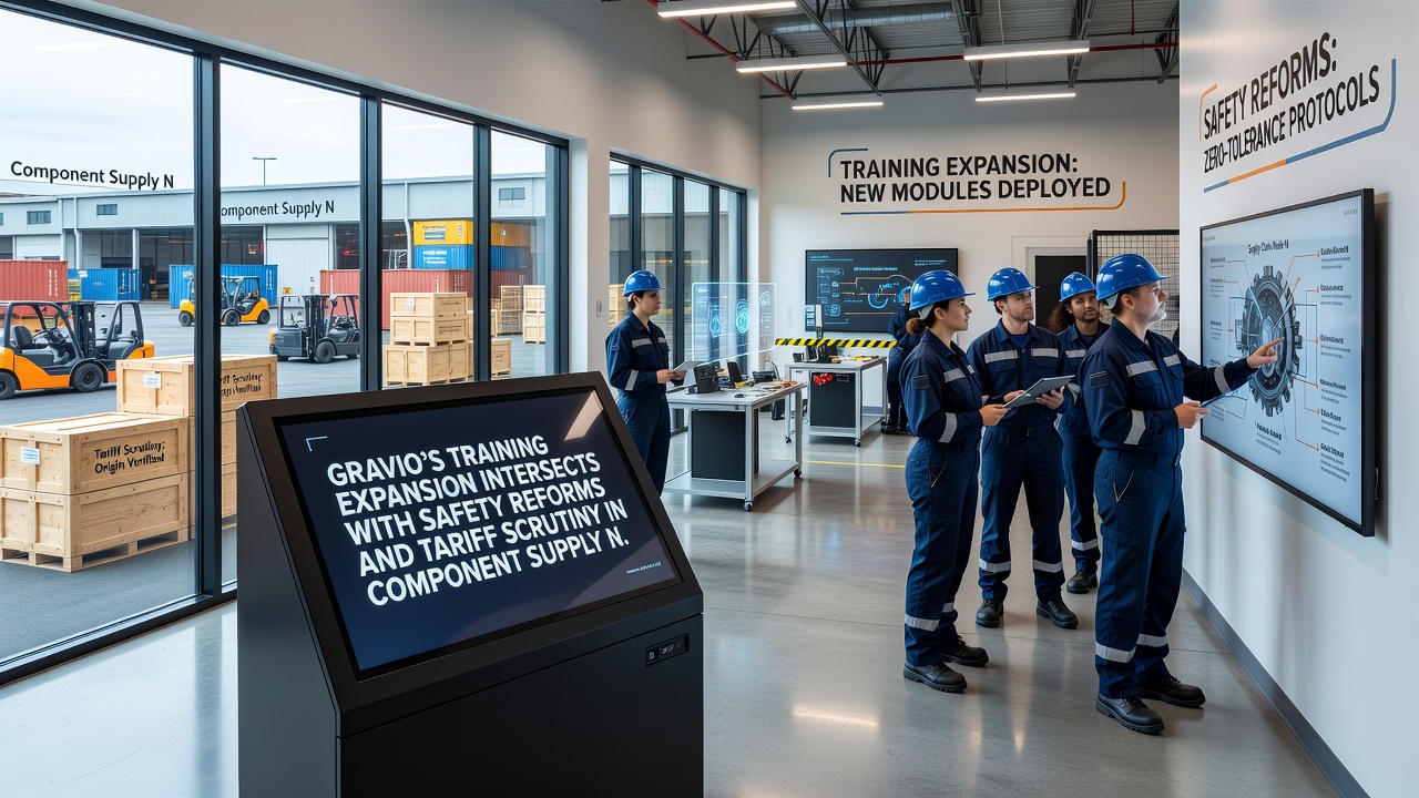 Supply chain analysts reviewing tariff documentation alongside safety training records at a Gravio partner facility